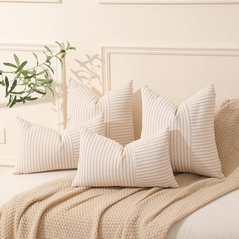 Hckot Khaki and Beige Patchwork Farmhouse Throw Pillow Covers 20 x 20 Inch  Pack of 2 Striped Linen Decorative Pillow Case for Sofa Couch Chair Bedroom Modern Decor (20"" x 20""  Khaki) - Image 3